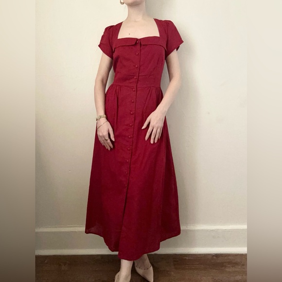 RIHOAS Dresses & Skirts - Romantic Burgundy Red Button Corset Cottagecore Vintage Inspired Midi Dress